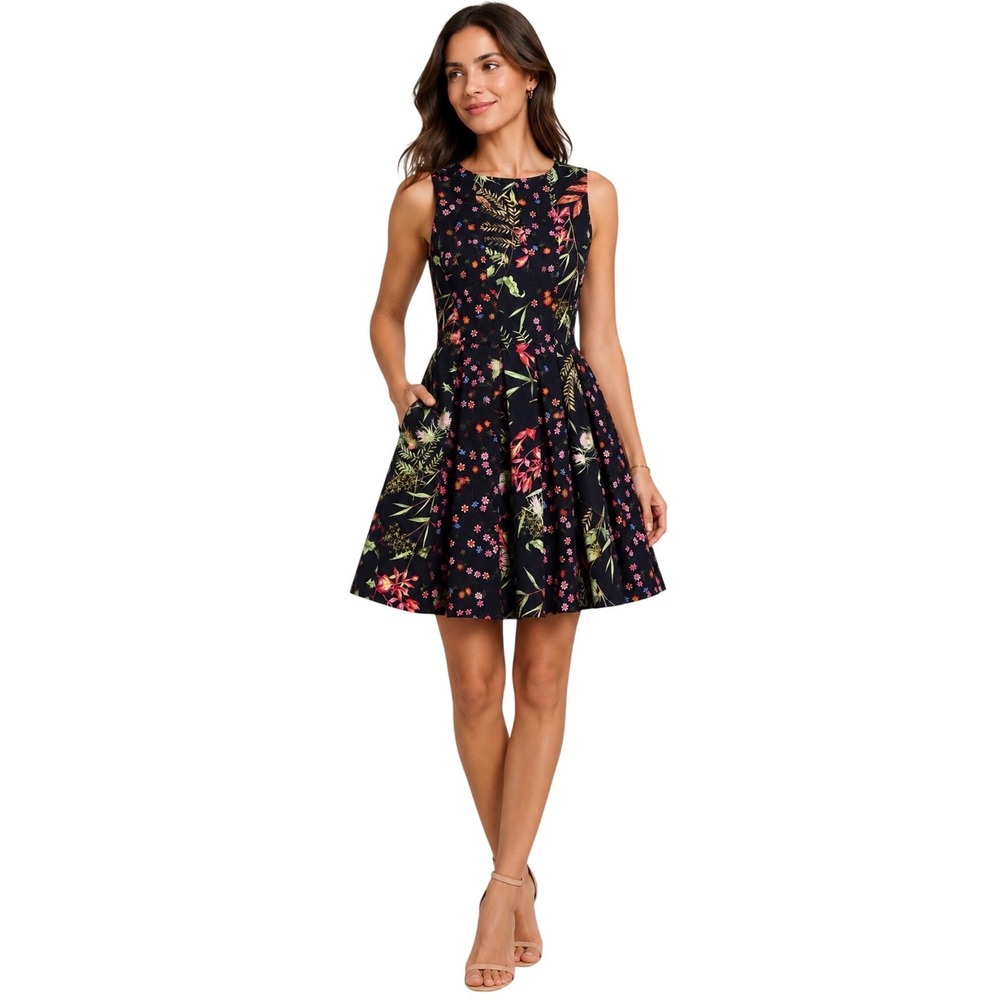 French Connection Women Black Floral Sleeveless Fit & Flare Mini Dress 0